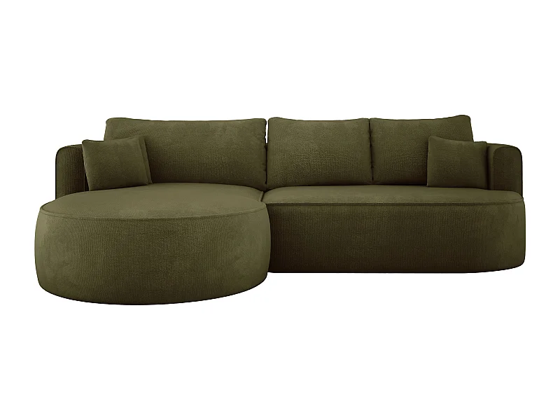 Eck-Convertiblesofa FIORE mit Schlaffunktion, Wellenunterfederung, Bettkasten und 5 Kissen, links 284x183x82 cm, grün