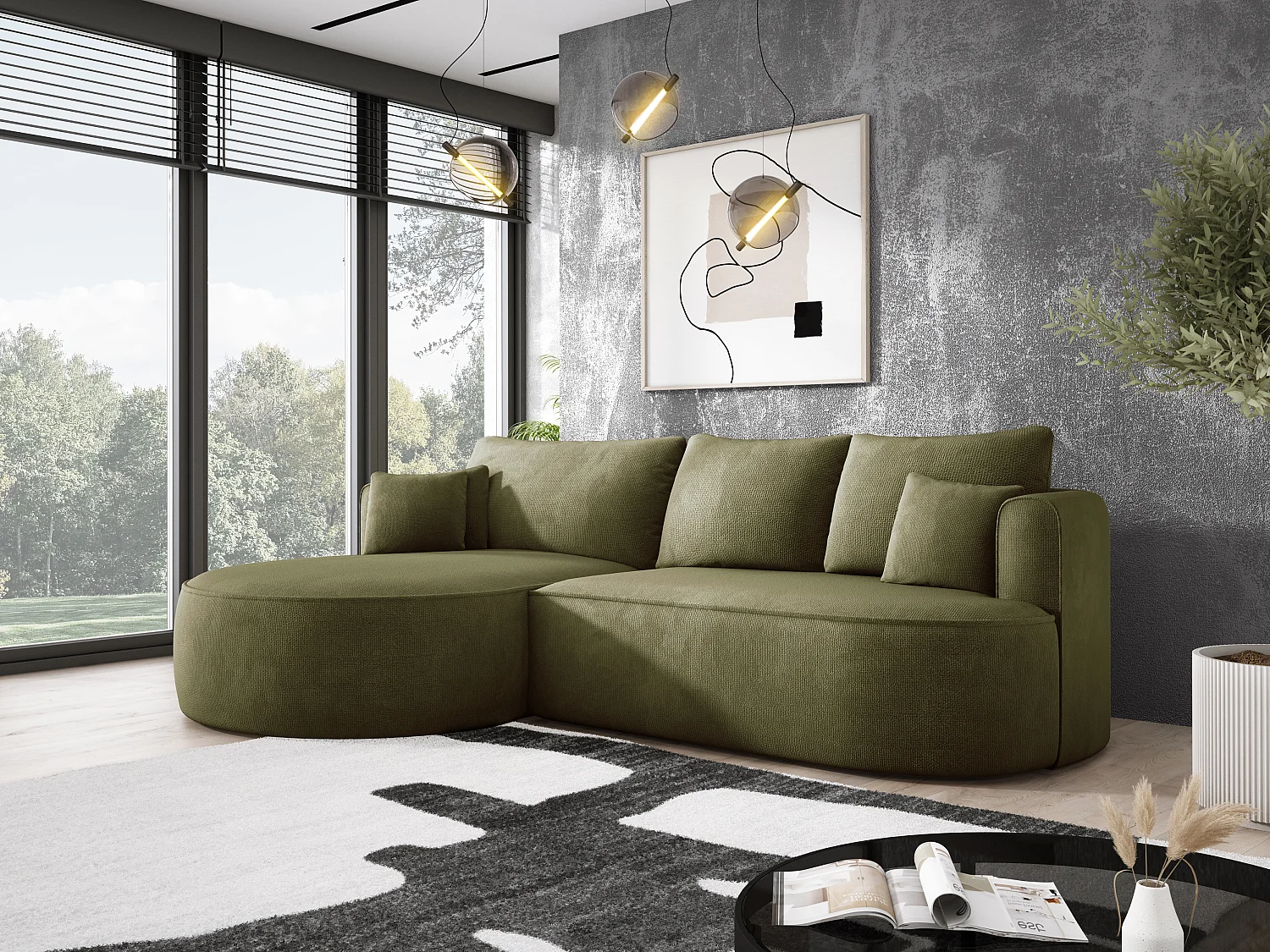 Canapé d'angle convertible FIORE avec couchage, suspension à vagues, coffre et 5 coussins, gauche 284x183x82 cm, vert