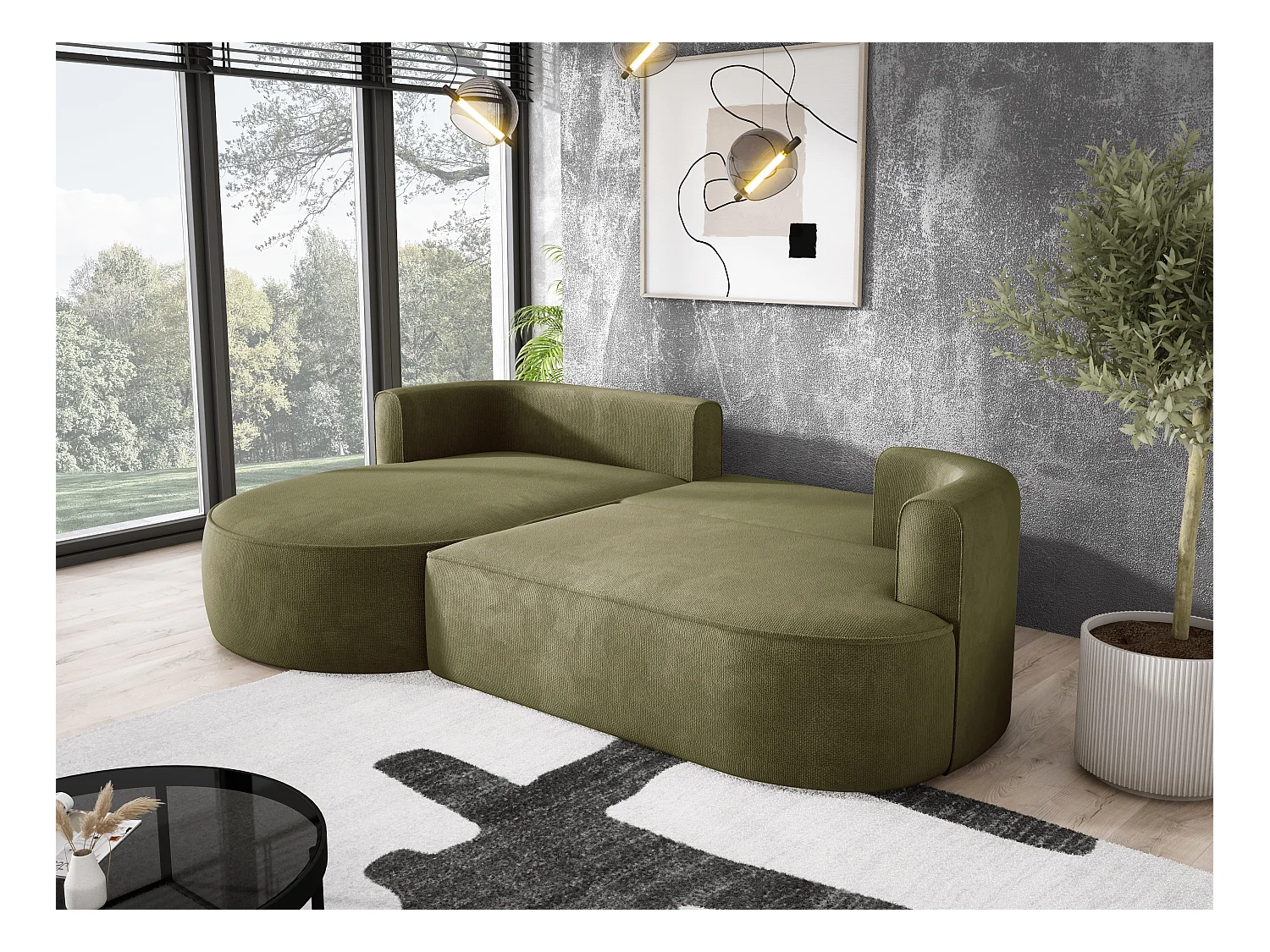 Canapé d'angle convertible FIORE avec couchage, suspension à vagues, coffre et 5 coussins, gauche 284x183x82 cm, vert