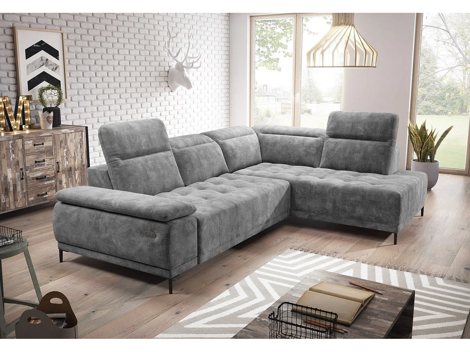 Canapé d'angle U FOCUS XL 352x204 cm, Design moderne, Têtières réglables, Velours luxueux, Option lit, Électrique, Gris clair, Droit