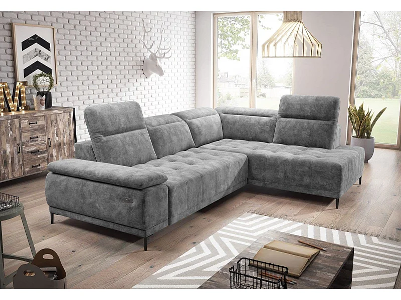 Hoekbank U FOCUS XL 352x204 cm, Modern design, Verstelbare hoofdsteun, Luxueus velours, Bed optioneel, Elektrisch, Lichtgrijs, Rechts