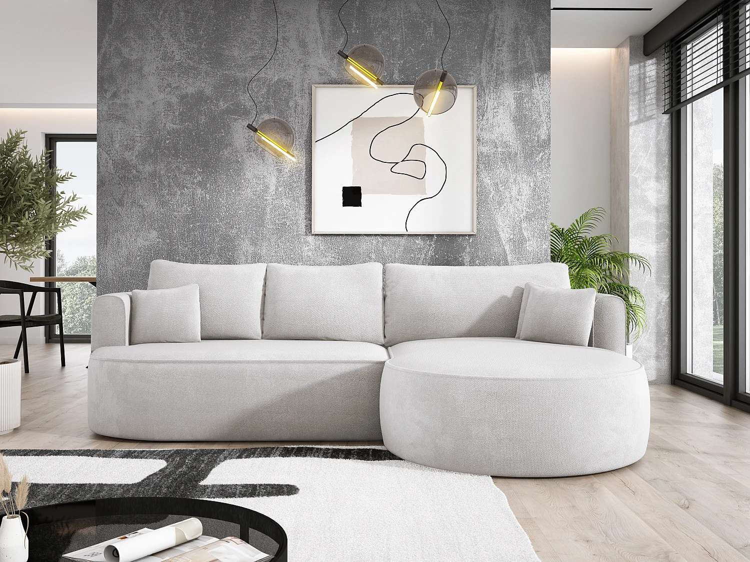 FIORE hoekbank met automatische opening, liggend, rechts 284x183x82 cm, gebroken wit