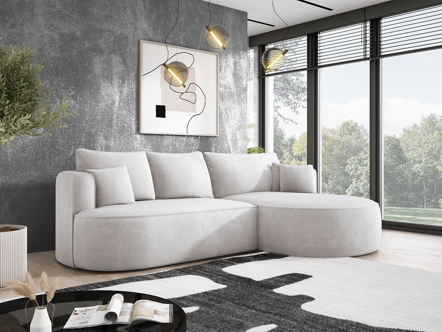 FIORE hoekbank met automatische opening, liggend, rechts 284x183x82 cm, gebroken wit