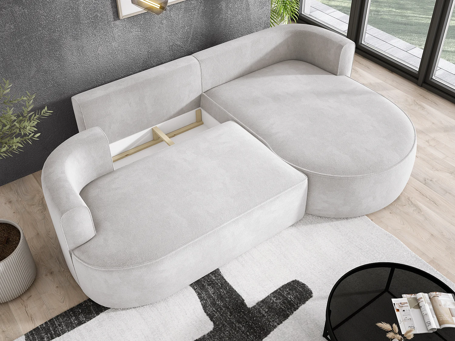 FIORE hoekbank met automatische opening, liggend, rechts 284x183x82 cm, gebroken wit