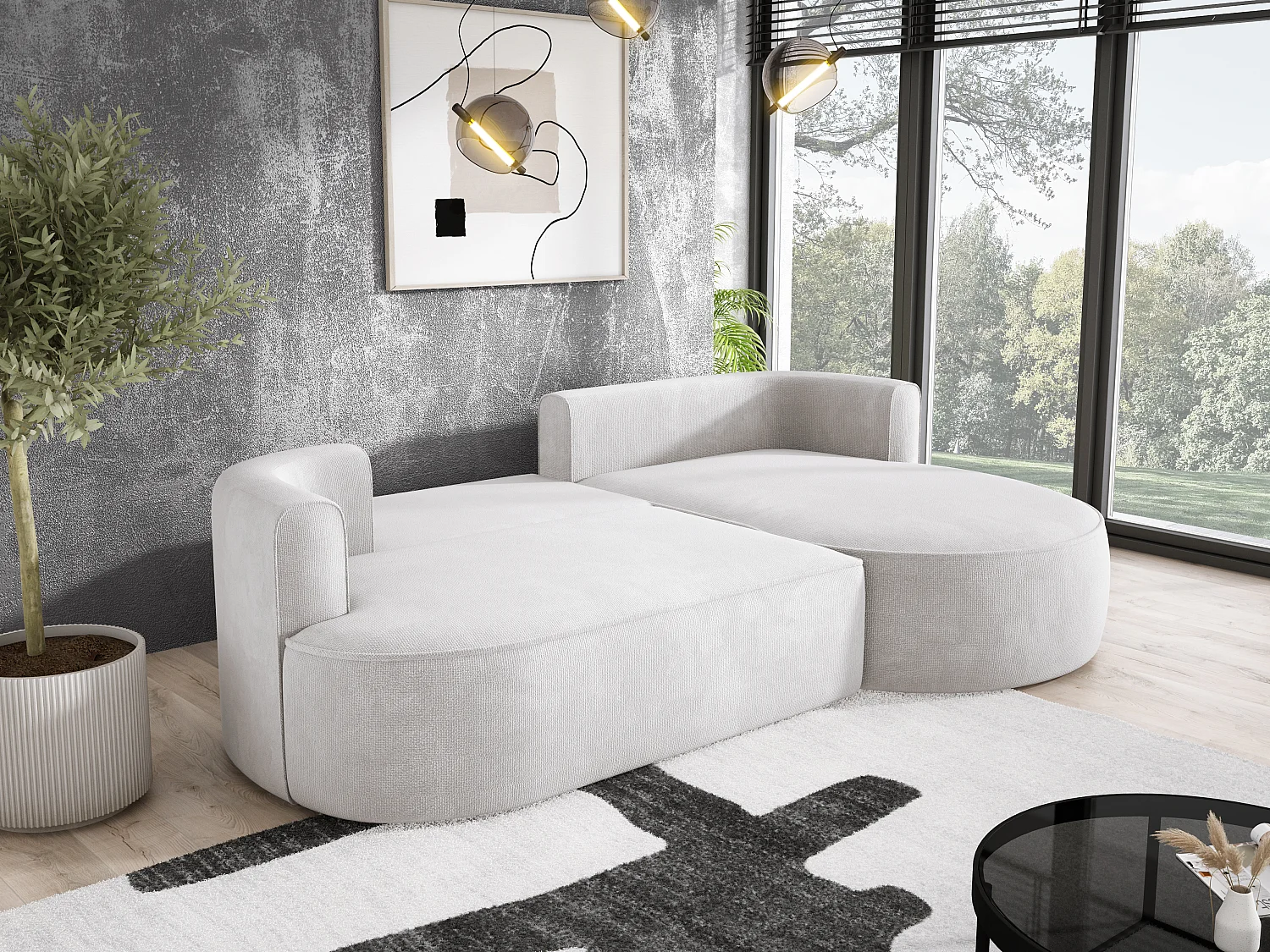 FIORE hoekbank met automatische opening, liggend, rechts 284x183x82 cm, gebroken wit