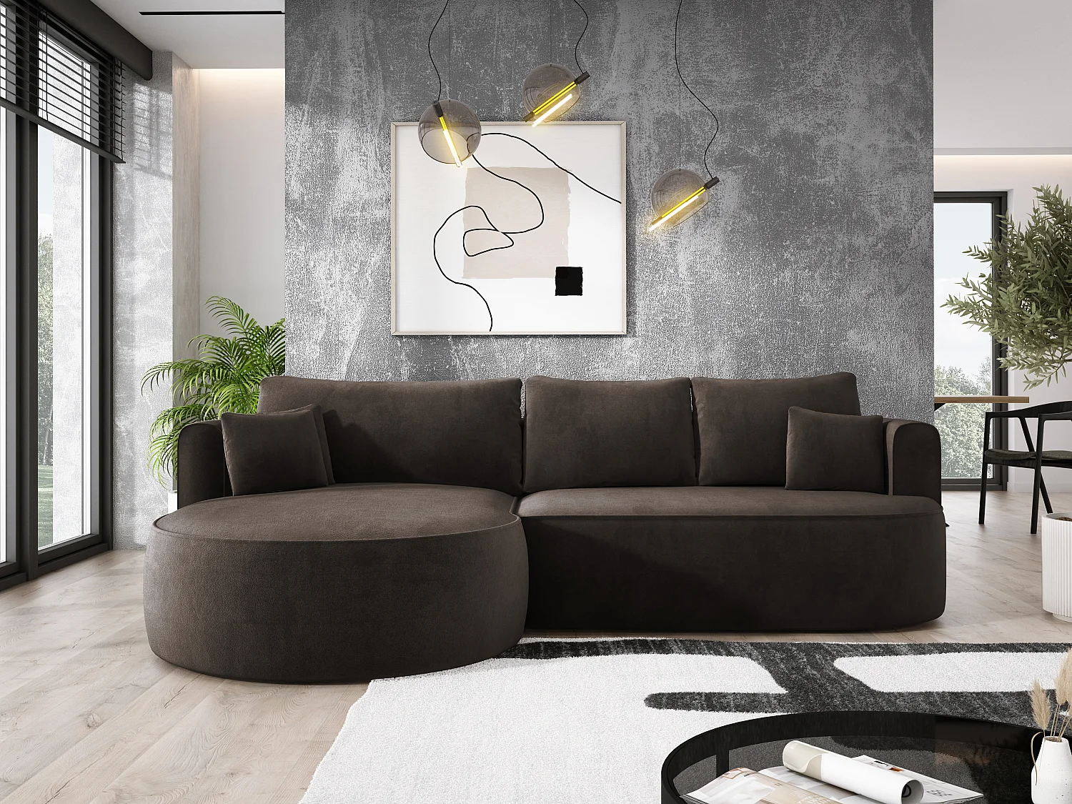 Nowoczesny rozkładany narożnik FIORE z funkcją spania, kanapa z automatycznym rozkładaniem, sofa, wersalka LEWY 284x183x82cm Brązowy