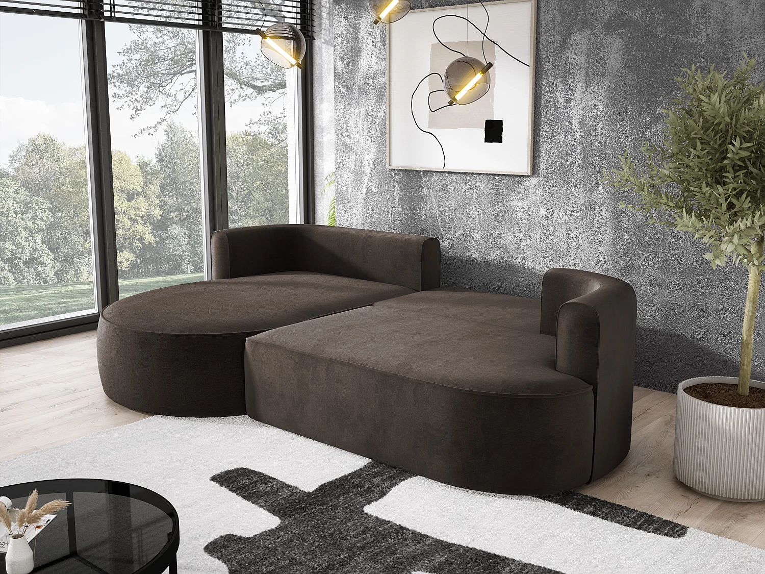 Nowoczesny rozkładany narożnik FIORE z funkcją spania, kanapa z automatycznym rozkładaniem, sofa, wersalka LEWY 284x183x82cm Brązowy