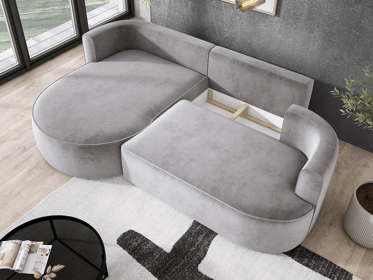 Moderne uitschuifbare hoekbank FIORE met slaapfunctie, bank met automatische ontvouwing, bank, slaapbank LINKS 284x183x82cm Lichtgrijs