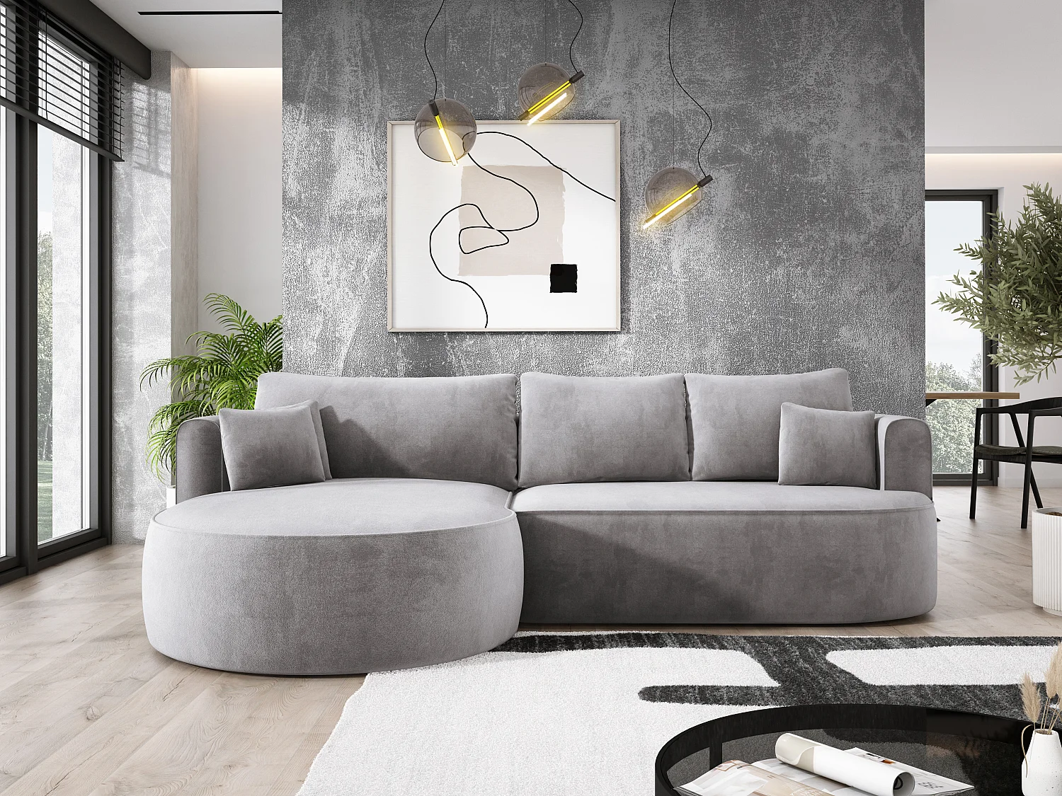 Nowoczesny rozkładany narożnik FIORE z funkcją spania, kanapa z automatycznym rozkładaniem, sofa, wersalka LEWY 284x183x82cm Jasnoszary