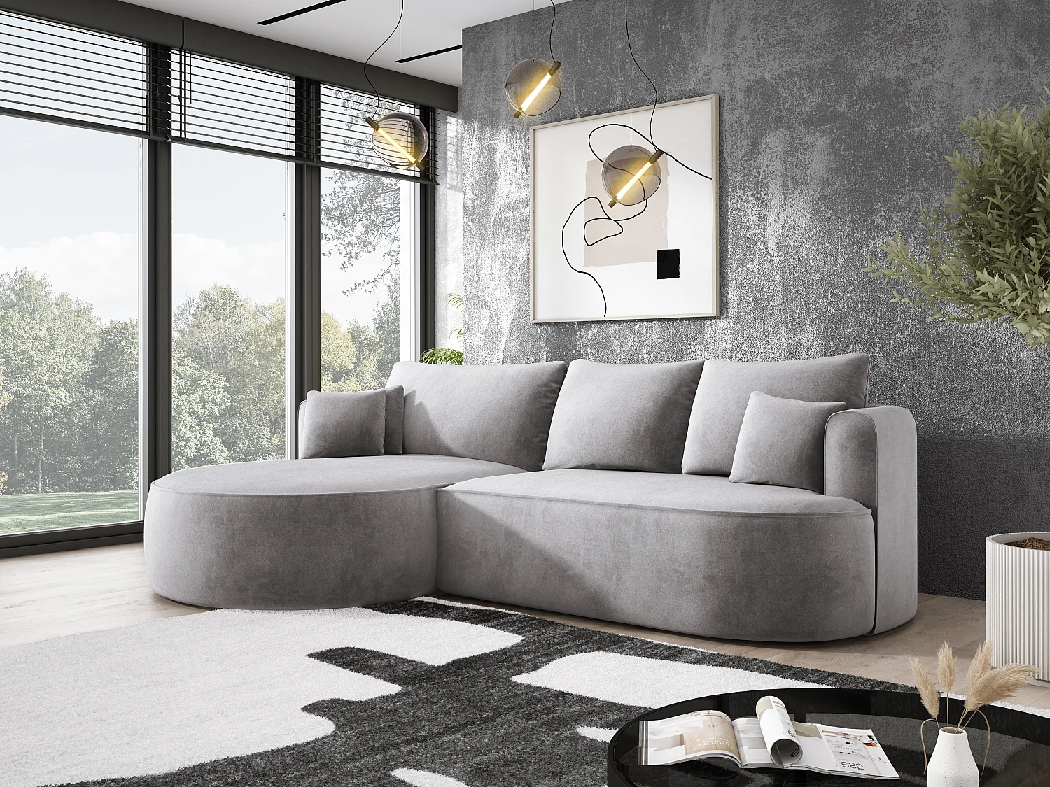 Nowoczesny rozkładany narożnik FIORE z funkcją spania, kanapa z automatycznym rozkładaniem, sofa, wersalka LEWY 284x183x82cm Jasnoszary