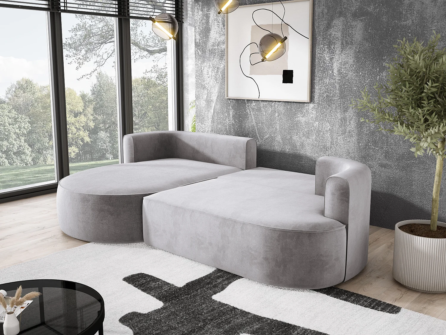 Nowoczesny rozkładany narożnik FIORE z funkcją spania, kanapa z automatycznym rozkładaniem, sofa, wersalka LEWY 284x183x82cm Jasnoszary