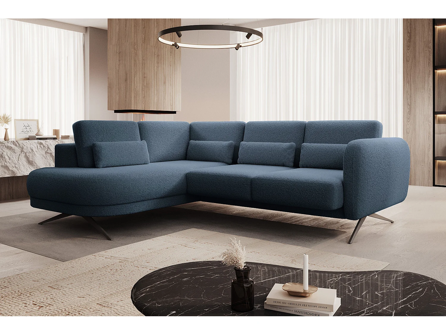 Hoekbank ILUSIO L met slaapfunctie, 250x205cm, verstelbare rugleuning, hoogwaardige materialen, kleur blauw, links