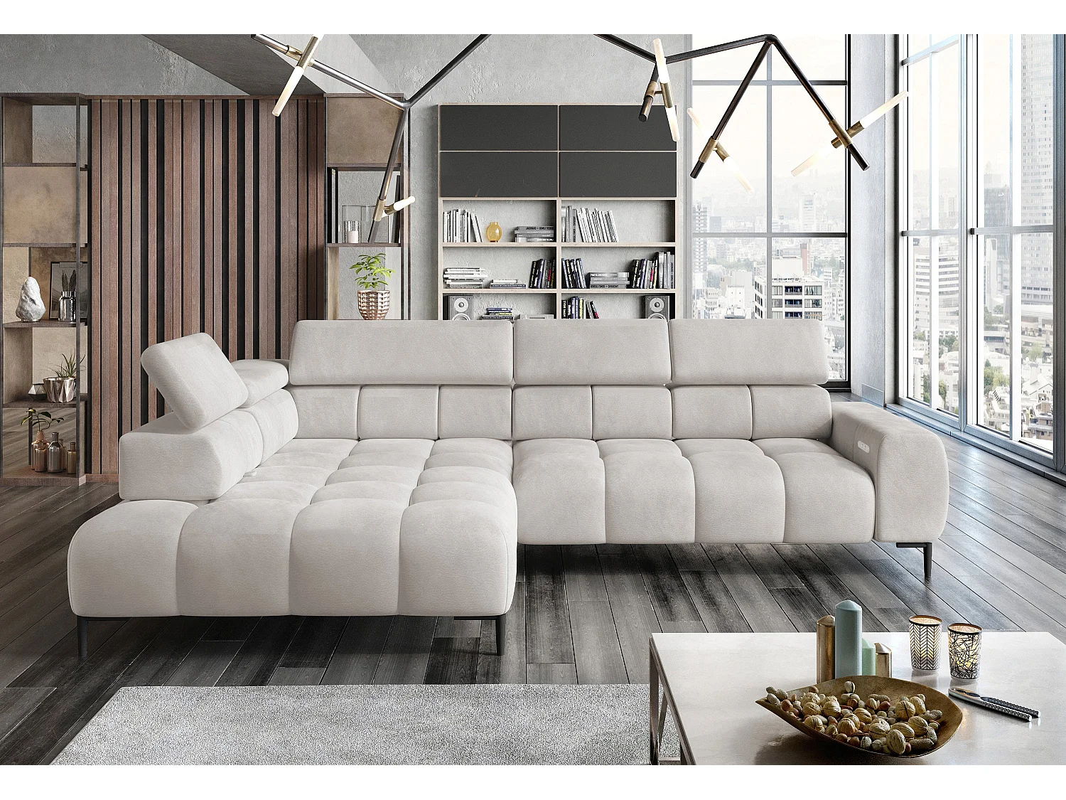 Canapé d'Angle DOMO-HOME PLAZA L Réglage Électrique 300x216cm | Blanc Solar, Gauche