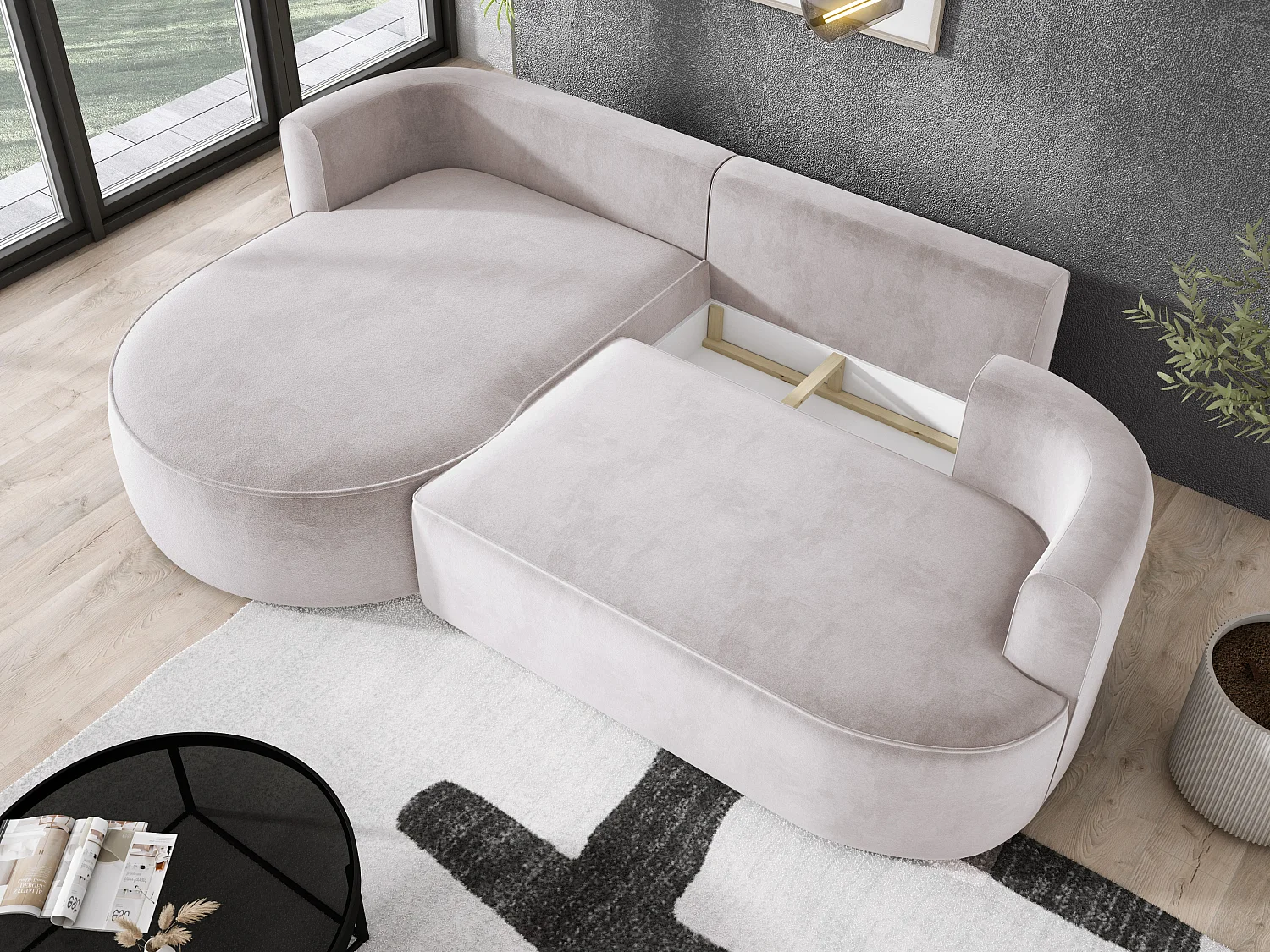 Moderne Ausziehbare Ecksofa FIORE Mit Schlaf-Funktion, Couch mit automatischer Auffaltung, Sofa, Schlafcouch LINKS 284x183x82cm Schmutziges Weiß