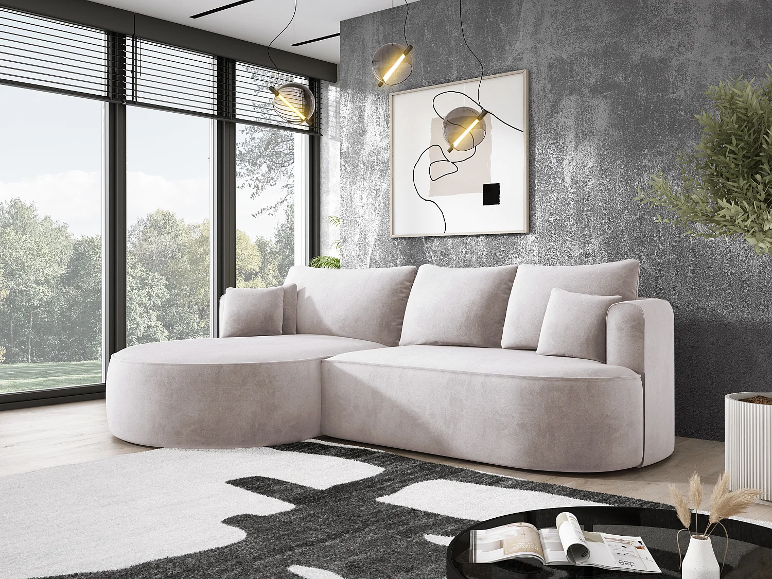 Nowoczesny rozkładany narożnik FIORE z funkcją spania, kanapa z automatycznym rozkładaniem, sofa, wersalka LEWY 284x183x82cm Brudny biały