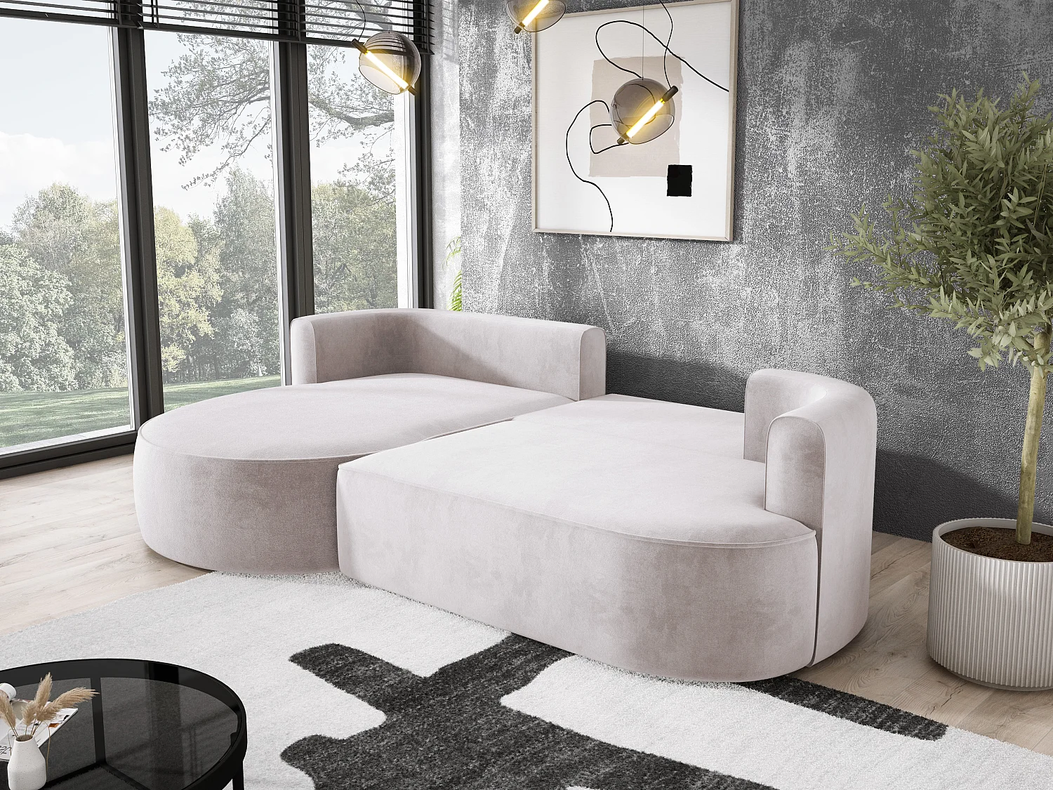 Nowoczesny rozkładany narożnik FIORE z funkcją spania, kanapa z automatycznym rozkładaniem, sofa, wersalka LEWY 284x183x82cm Brudny biały