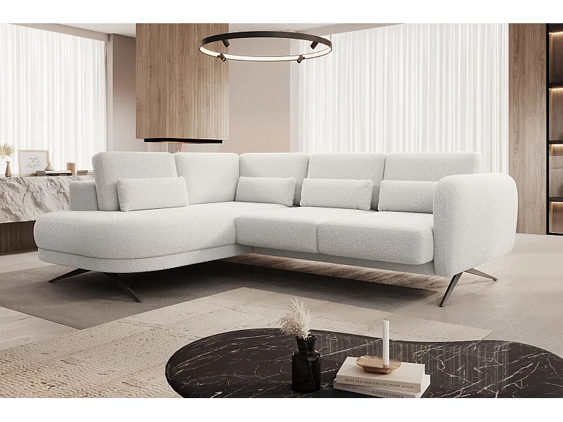 Canapé d'angle ILUSIO L avec fonction sommeil, 250x205cm, dossier réglable, matériaux de haute qualité, couleur blanche, gauche