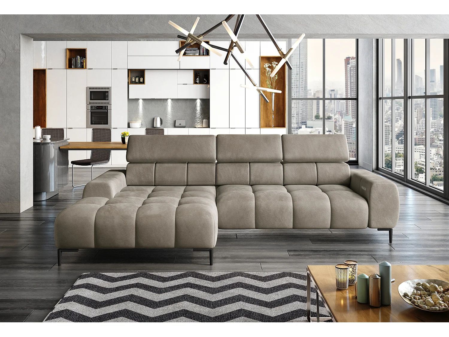 Canapé d'Angle PLAZA Mini Réglage Électrique 270x177cm | Beige Solar, Marron Clair, Gauche