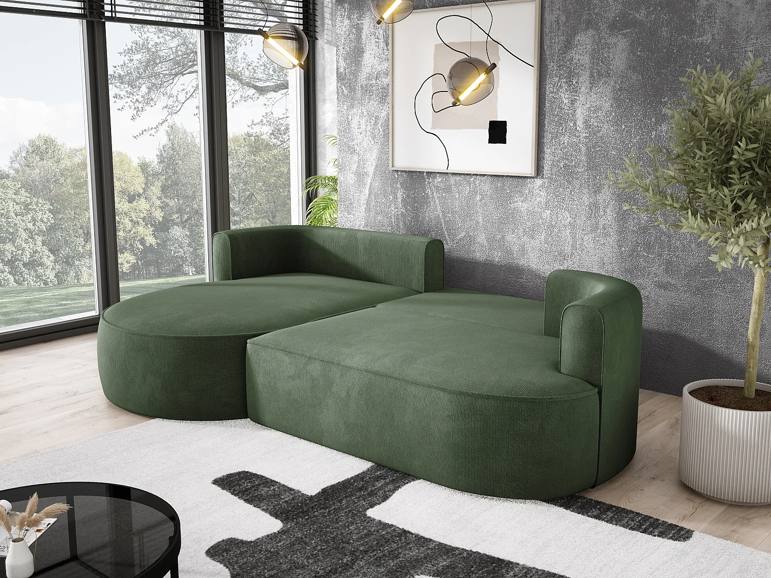 FIORE hoekbank met automatische opening, ligvlak, links 284x183x82 cm, donkergroen