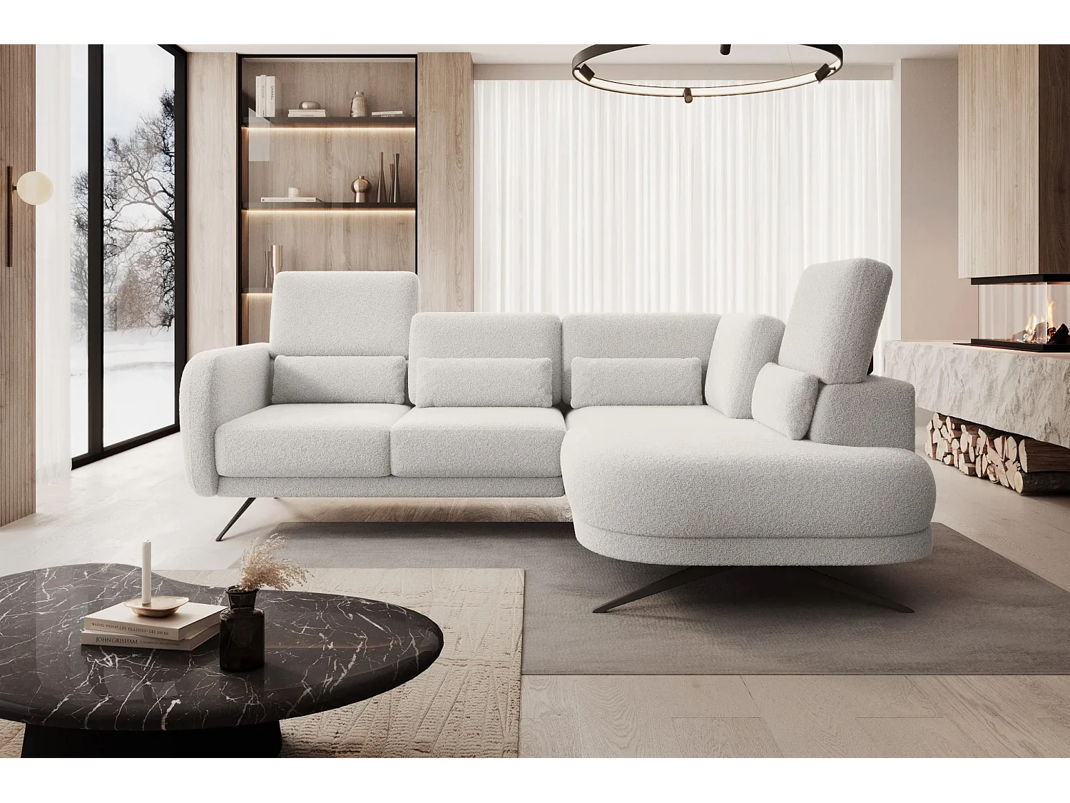 Hoekbank ILUSIO L met slaapfunctie, 250x205cm, verstelbare rugleuning, hoogwaardige materialen, kleur wit, rechts