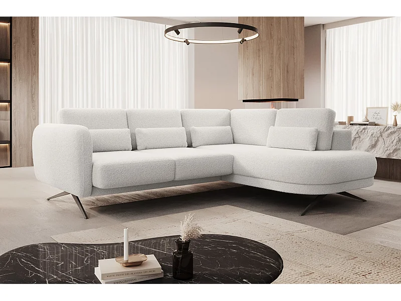 Canapé d'angle ILUSIO L avec fonction sommeil, 250x205cm, dossier réglable, matériaux de haute qualité, couleur blanche, droite