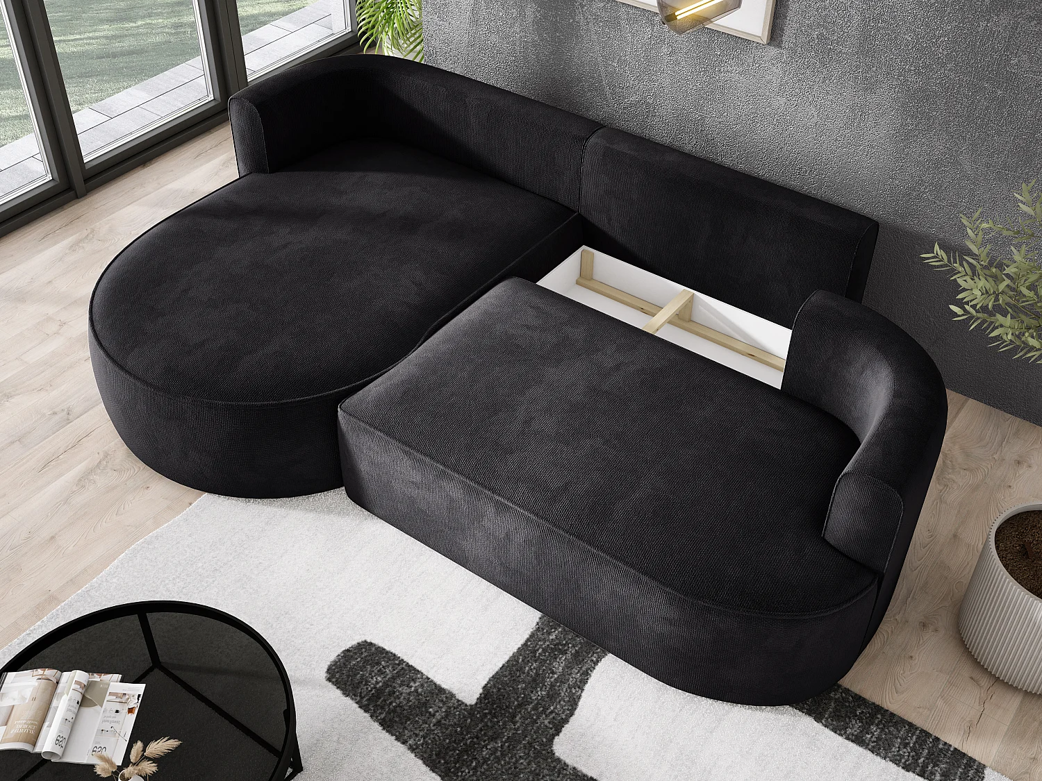 Ecksofa FIORE - umwandelbar mit automatischer Öffnung, Hochelastikschaum, modernes Design, links 284x183x82 cm, schwarz