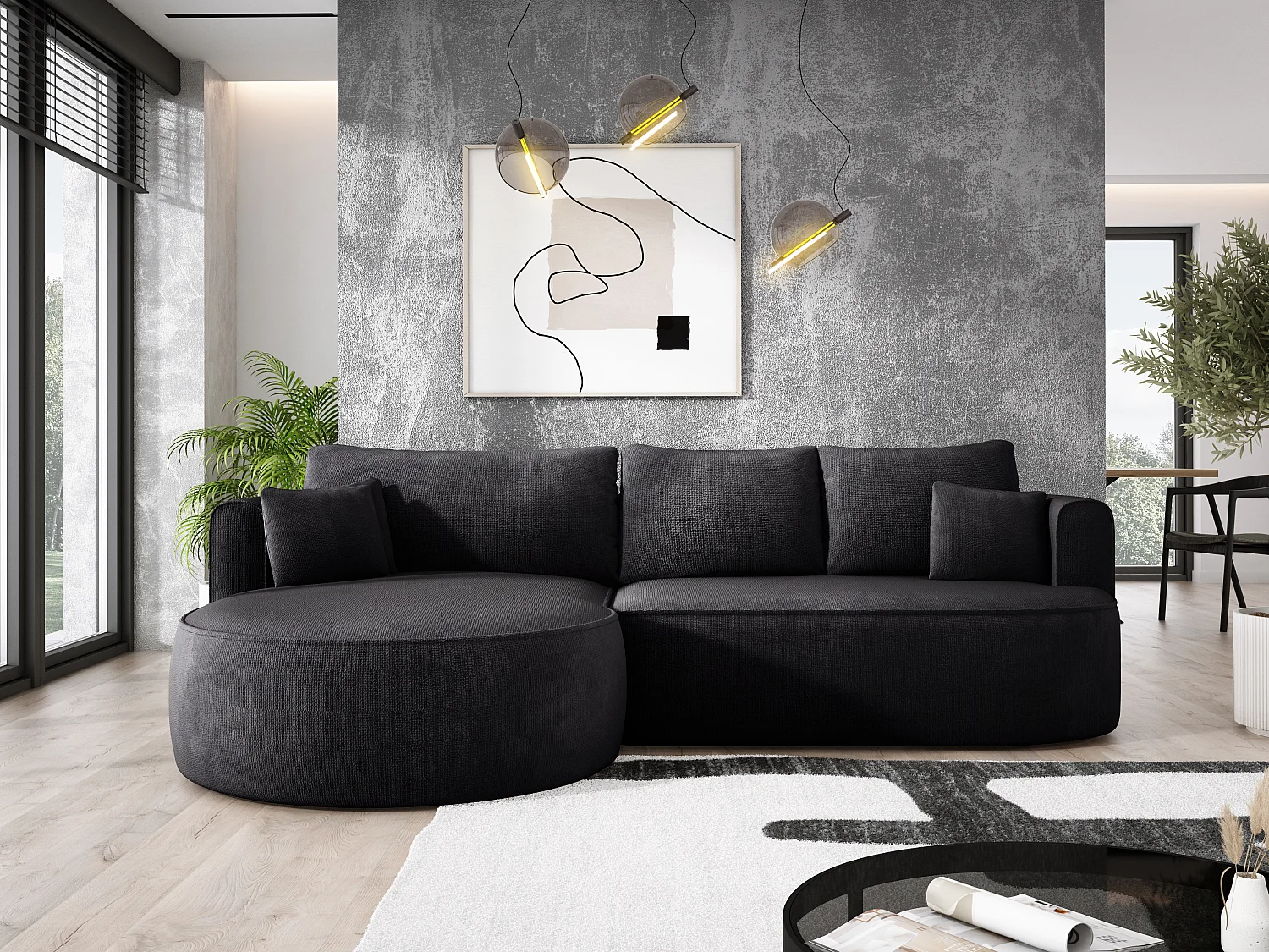 FIORE hoekbank - omvormbaar met automatische opening, high resilience foam, modern design, links 284x183x82 cm, zwart