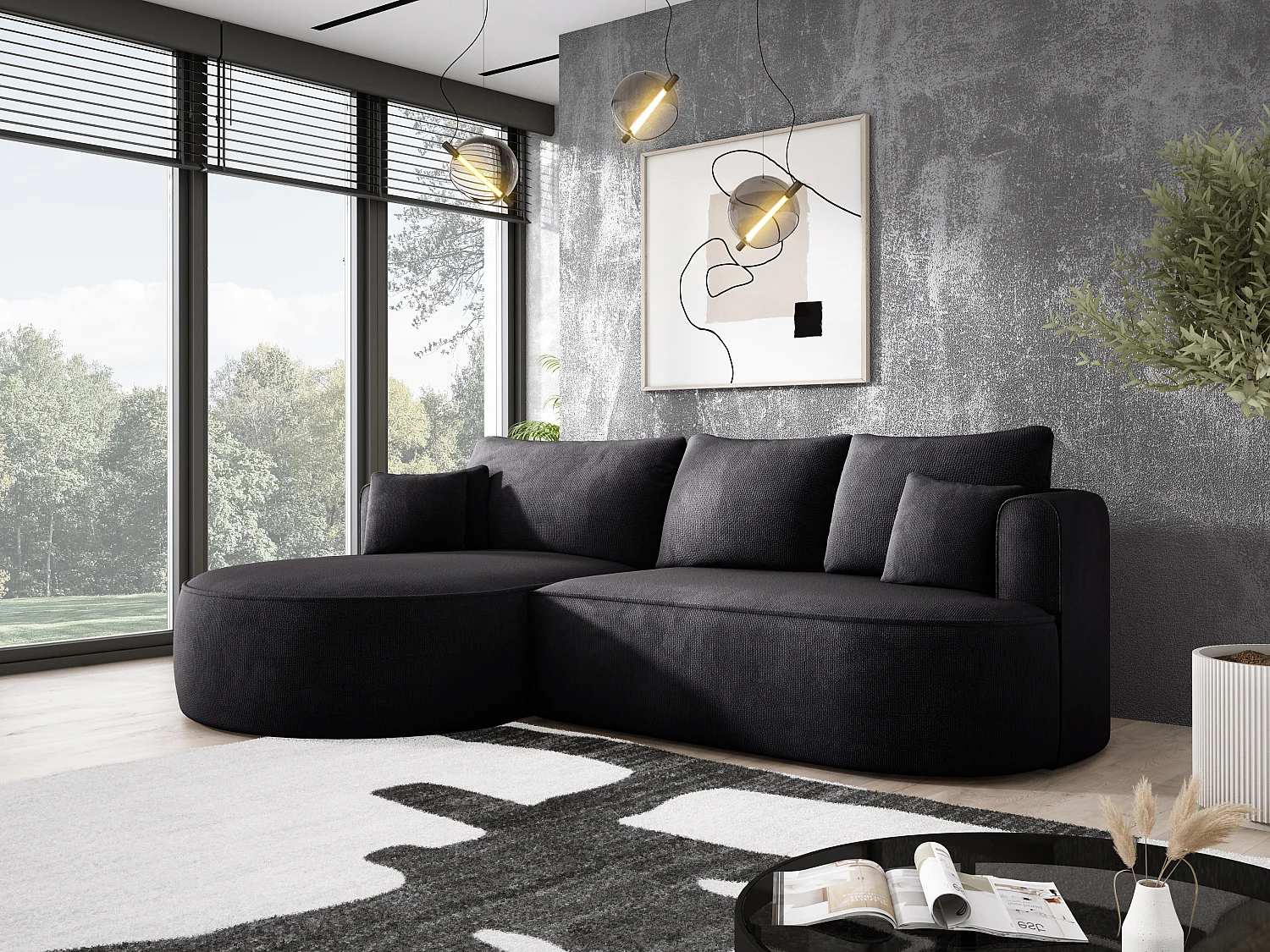 FIORE hoekbank - omvormbaar met automatische opening, high resilience foam, modern design, links 284x183x82 cm, zwart