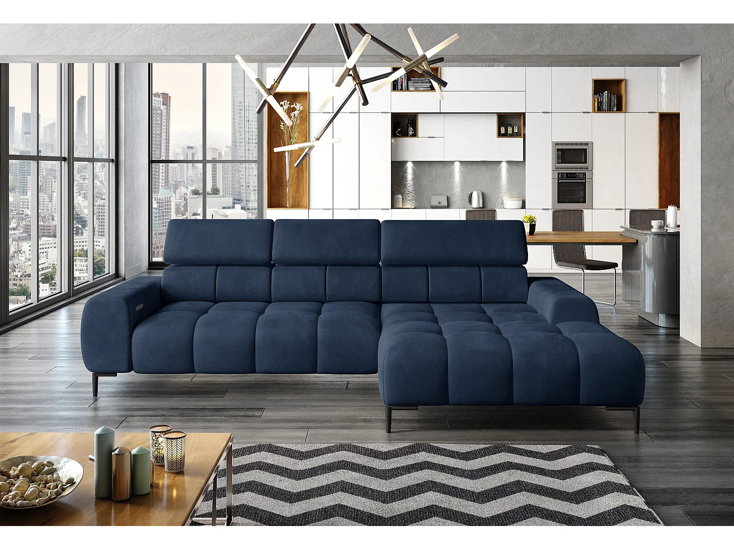 Hoekbank PLAZA Mini Electric 270x177cm | Solar Beige, Donkerblauw, Links