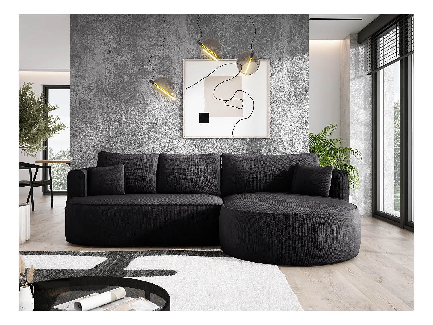 Canapé d'angle convertible FIORE avec ouverture automatique, couchage, droite 284x183x82 cm, noir