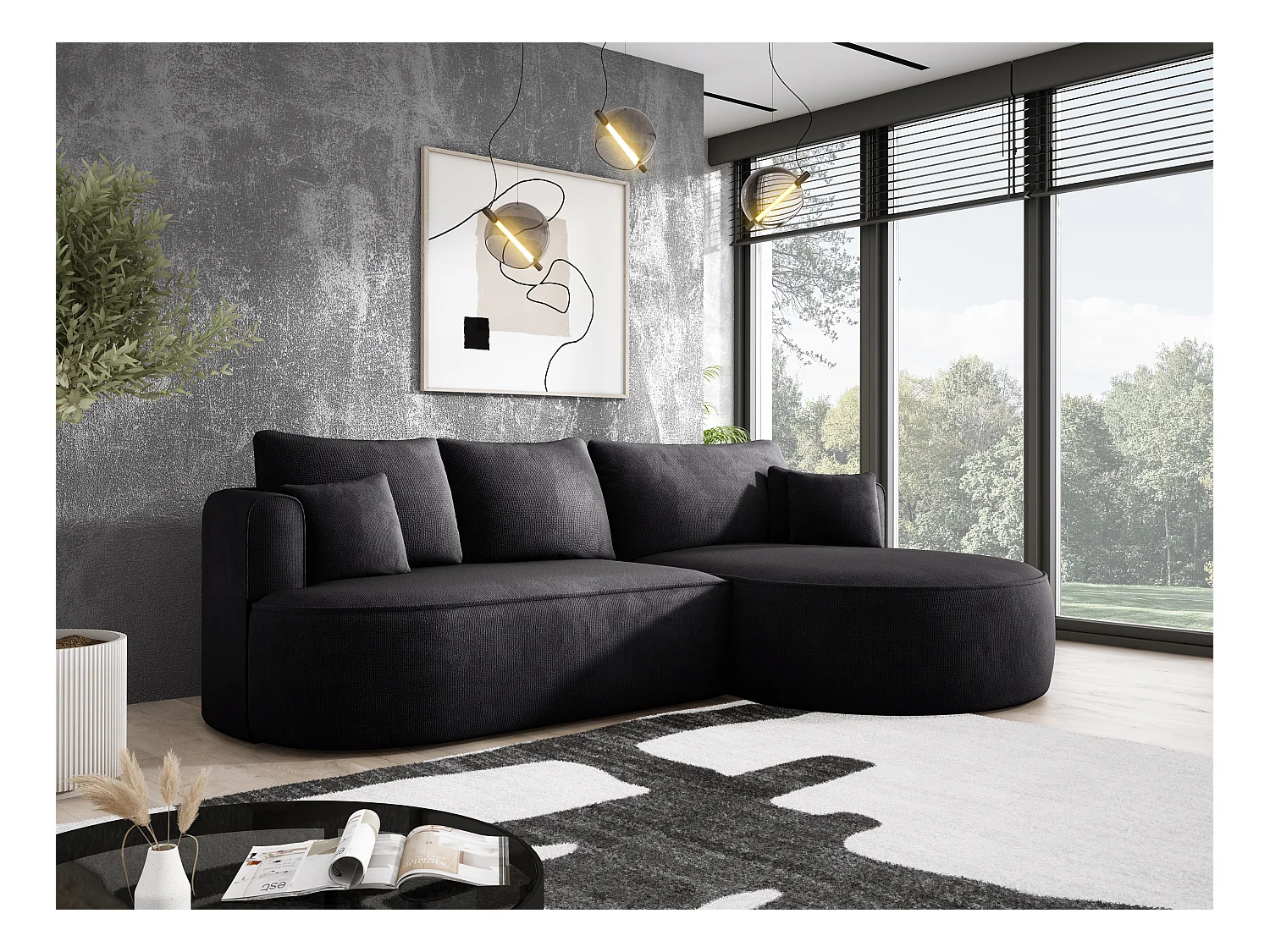 Canapé d'angle convertible FIORE avec ouverture automatique, couchage, droite 284x183x82 cm, noir