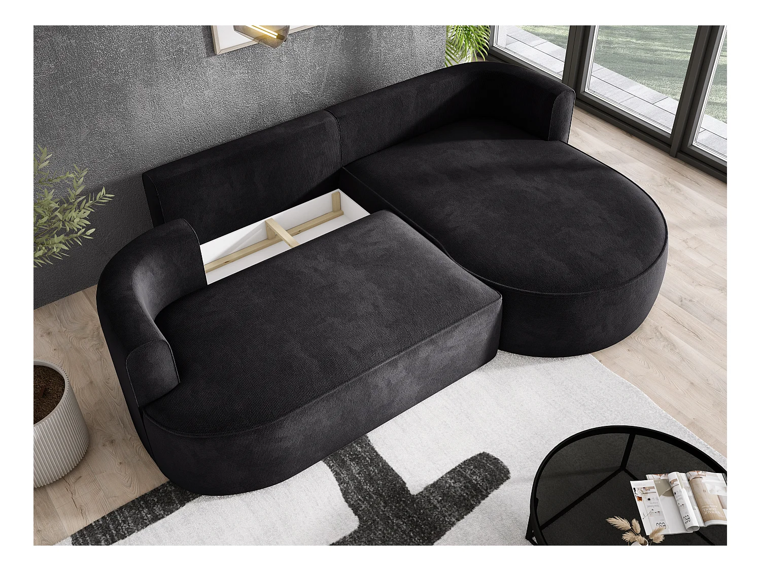 Canapé d'angle convertible FIORE avec ouverture automatique, couchage, droite 284x183x82 cm, noir