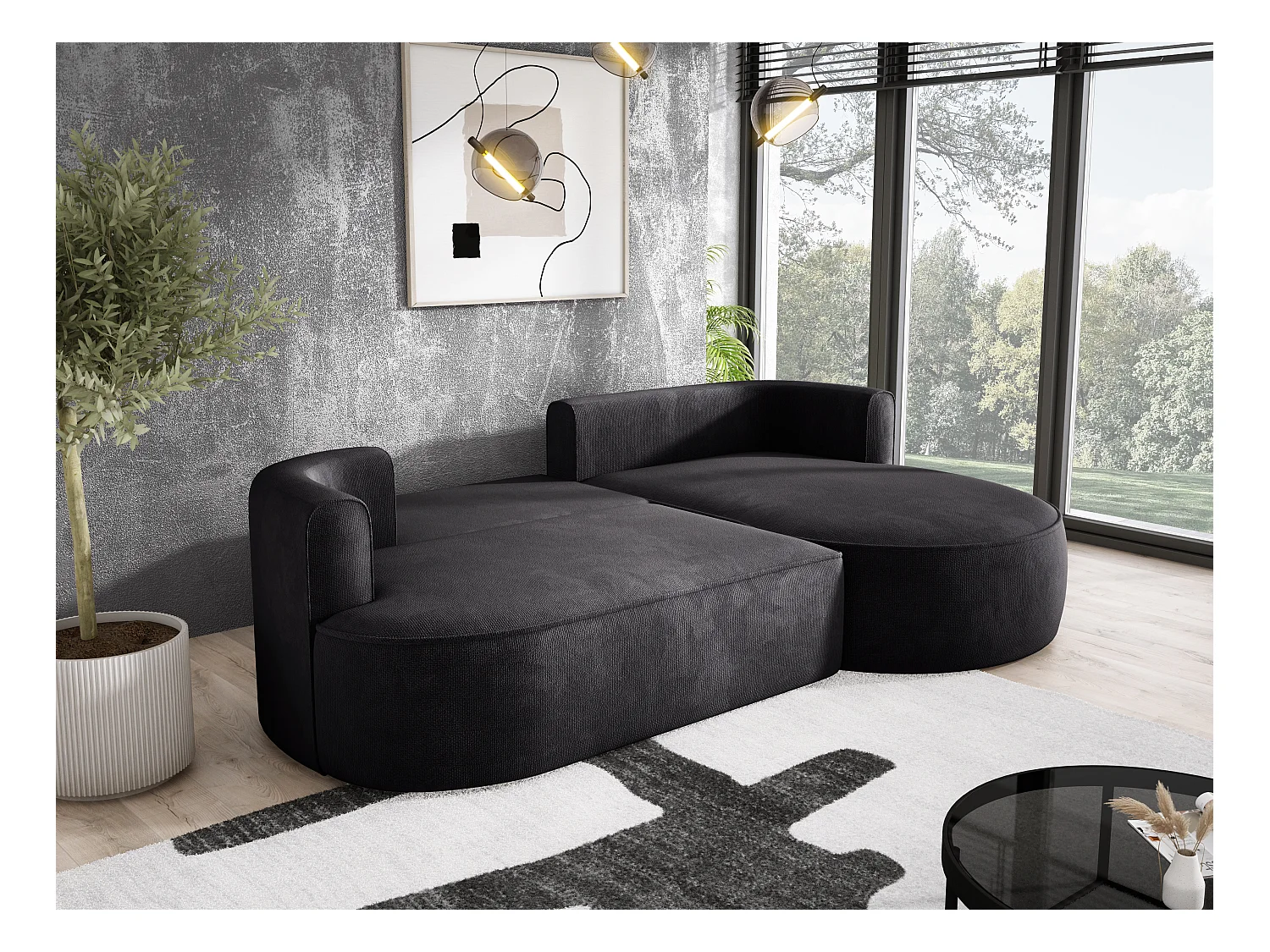 Canapé d'angle convertible FIORE avec ouverture automatique, couchage, droite 284x183x82 cm, noir