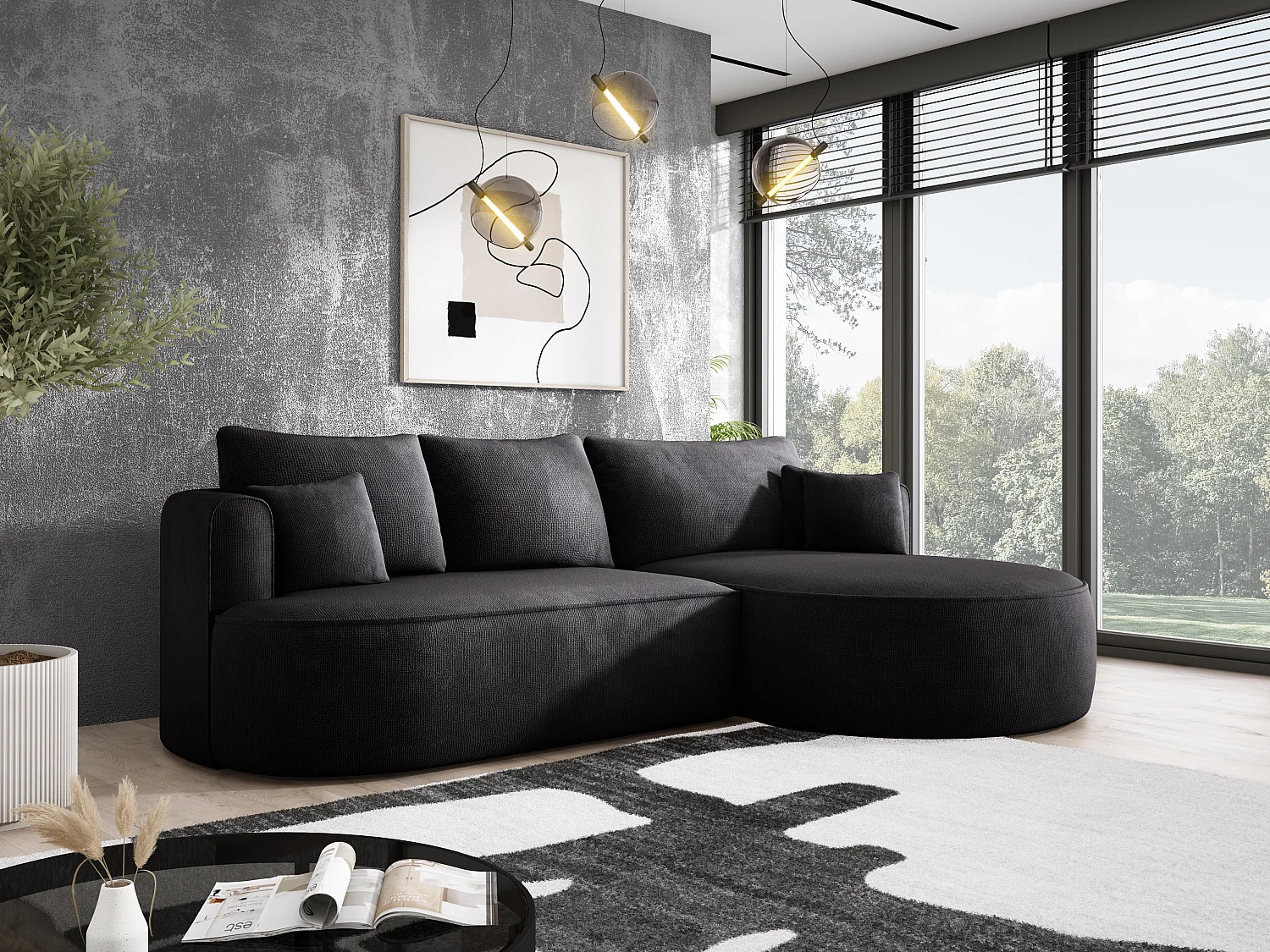 FIORE hoekbank bed met automatische opening, ligvlak, rechts 284x183x82 cm, zwart