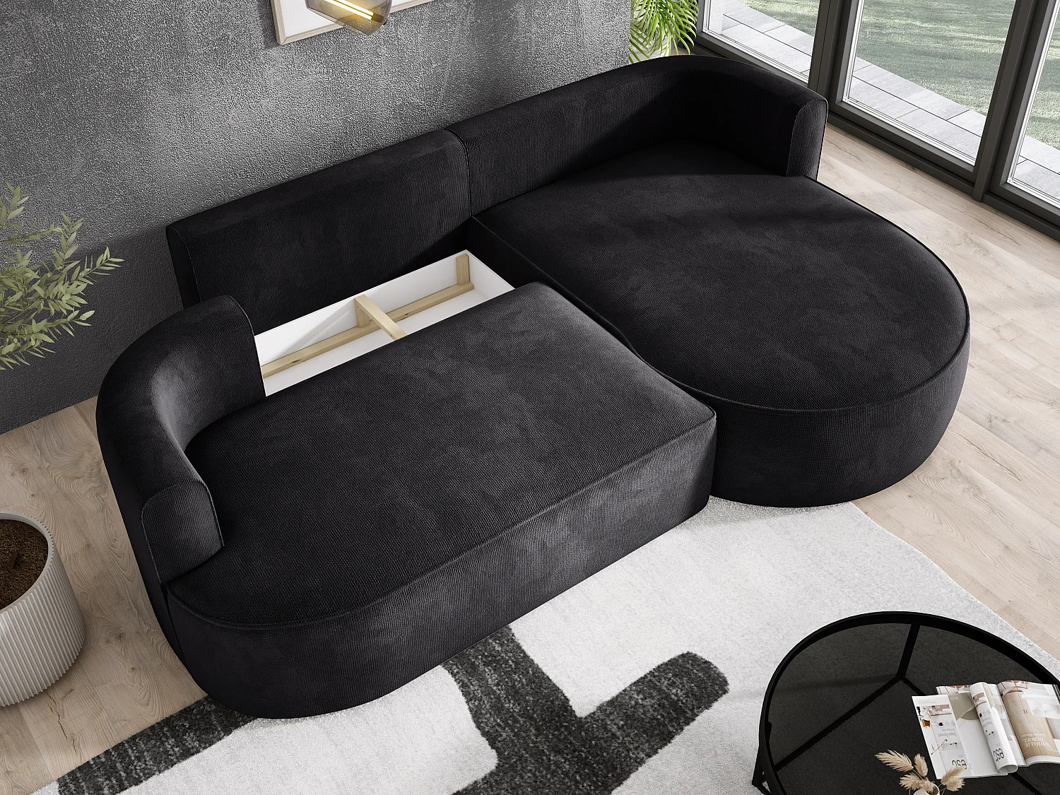 FIORE hoekbank bed met automatische opening, ligvlak, rechts 284x183x82 cm, zwart