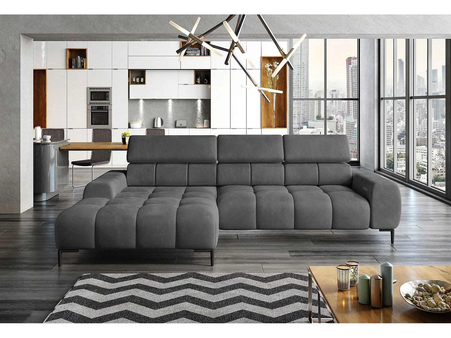 Canapé d'Angle PLAZA Mini Réglage Électrique 270x177cm | Beige Solar, Noir, Gauche