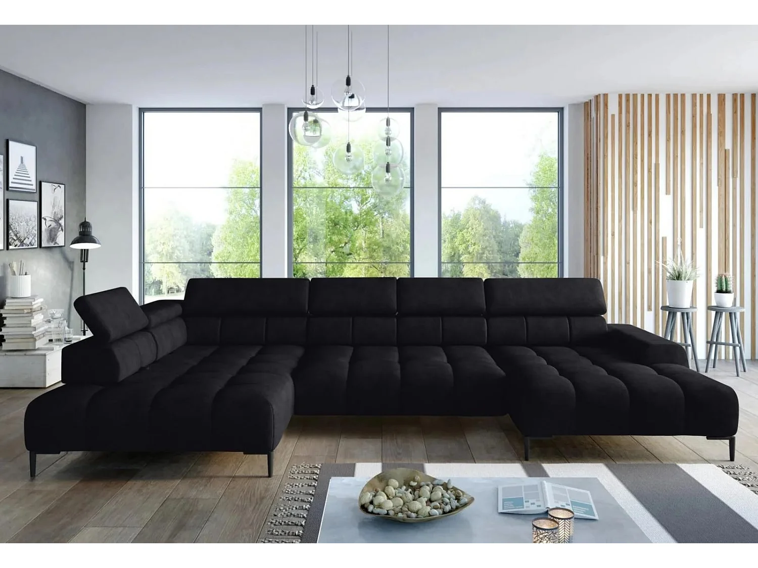Narożna sofa PLAZA XL – elektryczna, 385x216 cm, kolor Czarny Solar, układ lewy