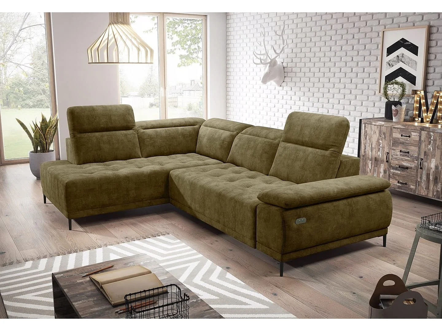 Narożnik U FOCUS XL 352x204 cm, Nowoczesny design, Regulowany zagłówek, Luksusowy welur, Opcjonalne łóżko, Elektryczny, Ciemnożółty, Lewy