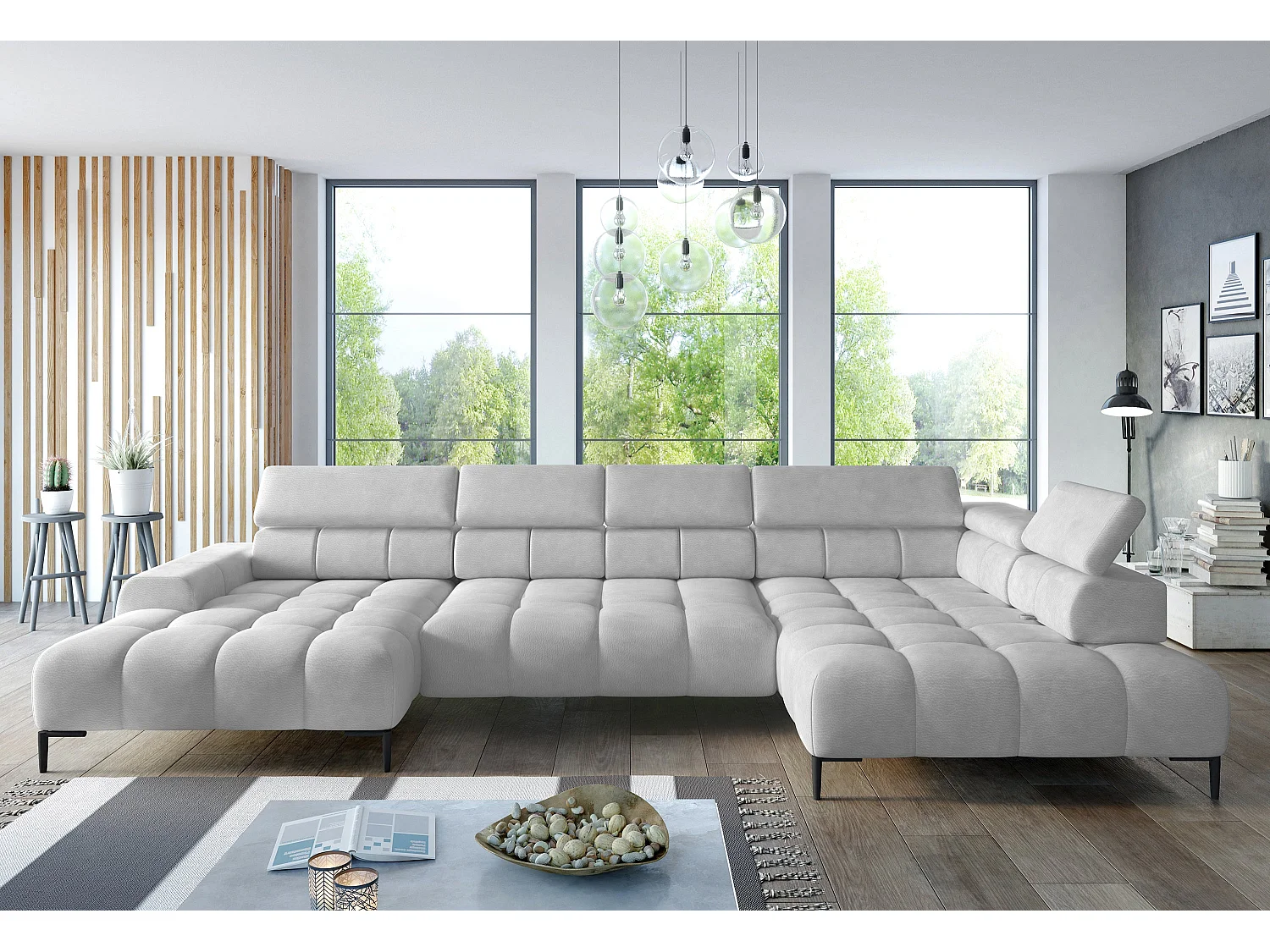 Narożna sofa PLAZA XL – elektryczna, 385x216 cm, kolor Biały Solar, układ lewy