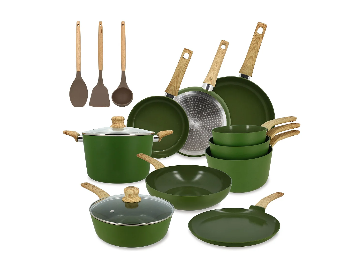 Menastyl - Set 13 Pieces Cuisson Colorama Olive En Aluminium Induction