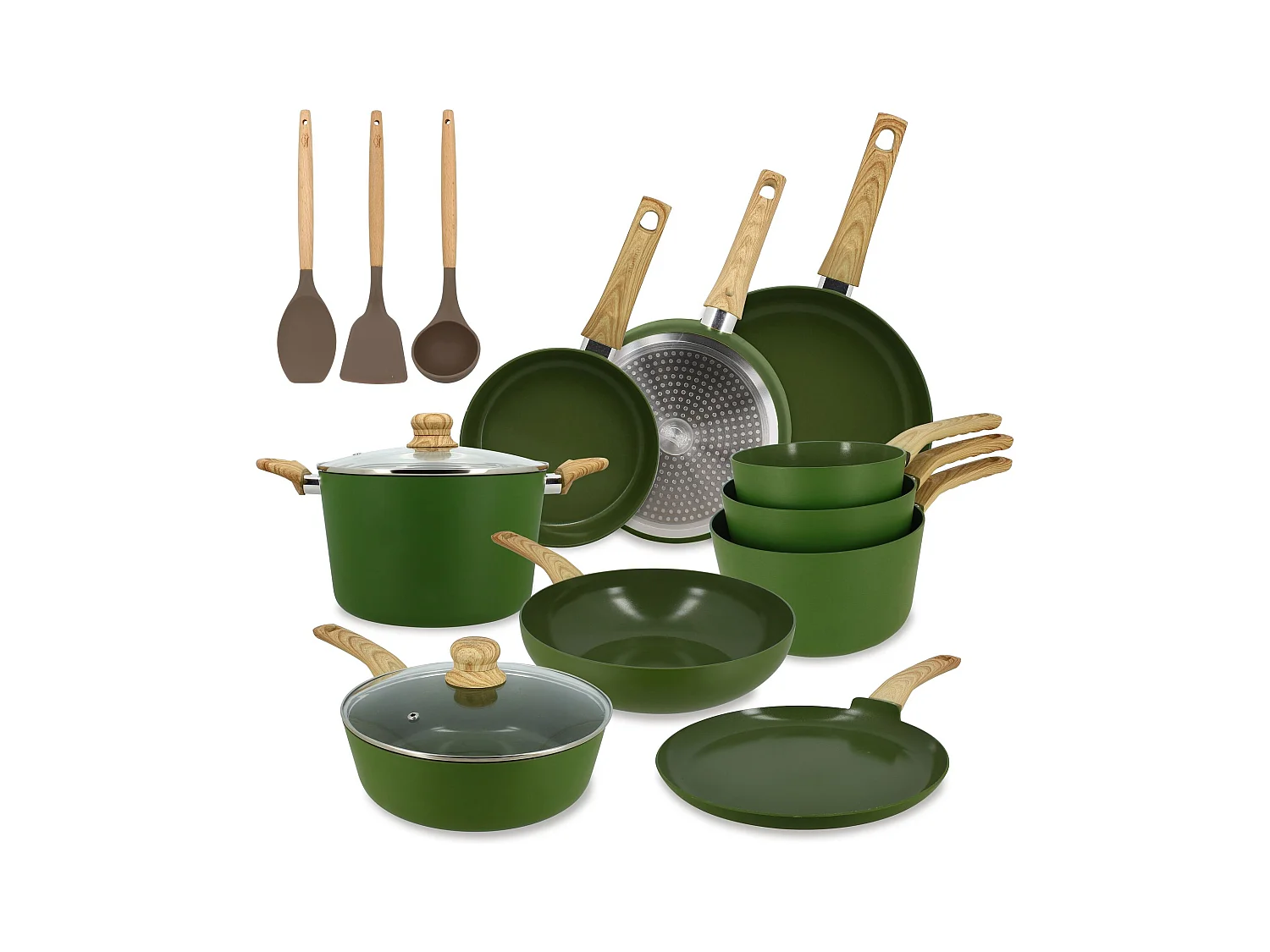 Menastyl - Set 13 Pieces Cuisson Colorama Olive En Aluminium Induction