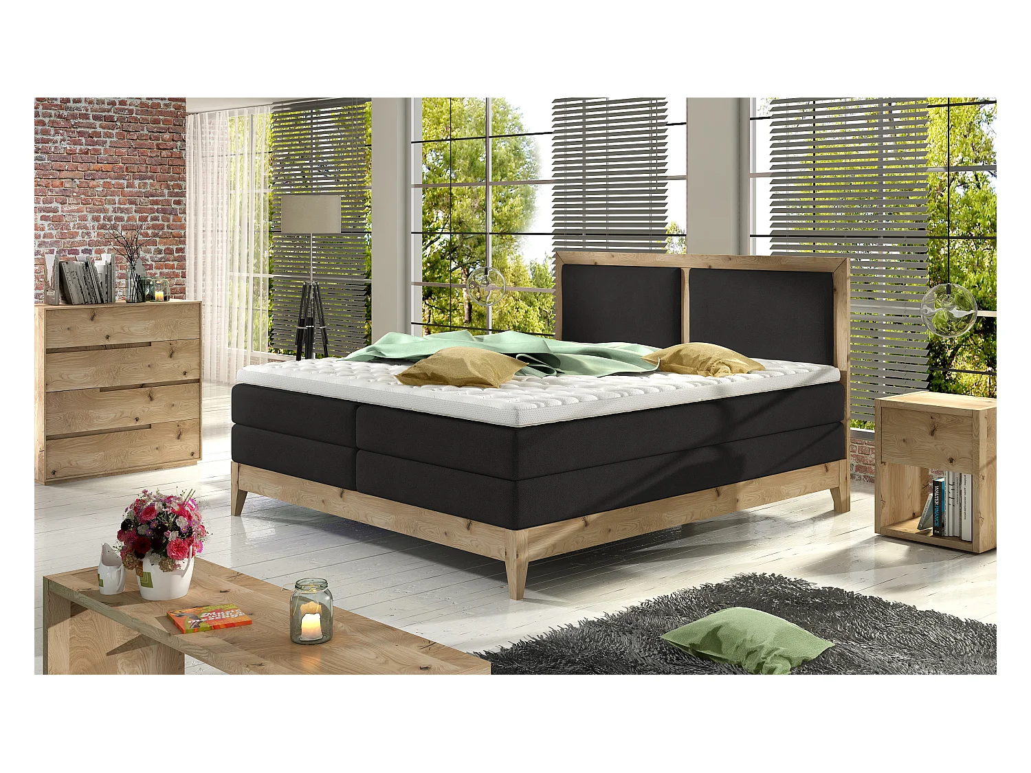 Lit continental BELIZE – chêne massif naturel, 140x200, matelas haut de gamme et surmatelas confort, couleur graphite