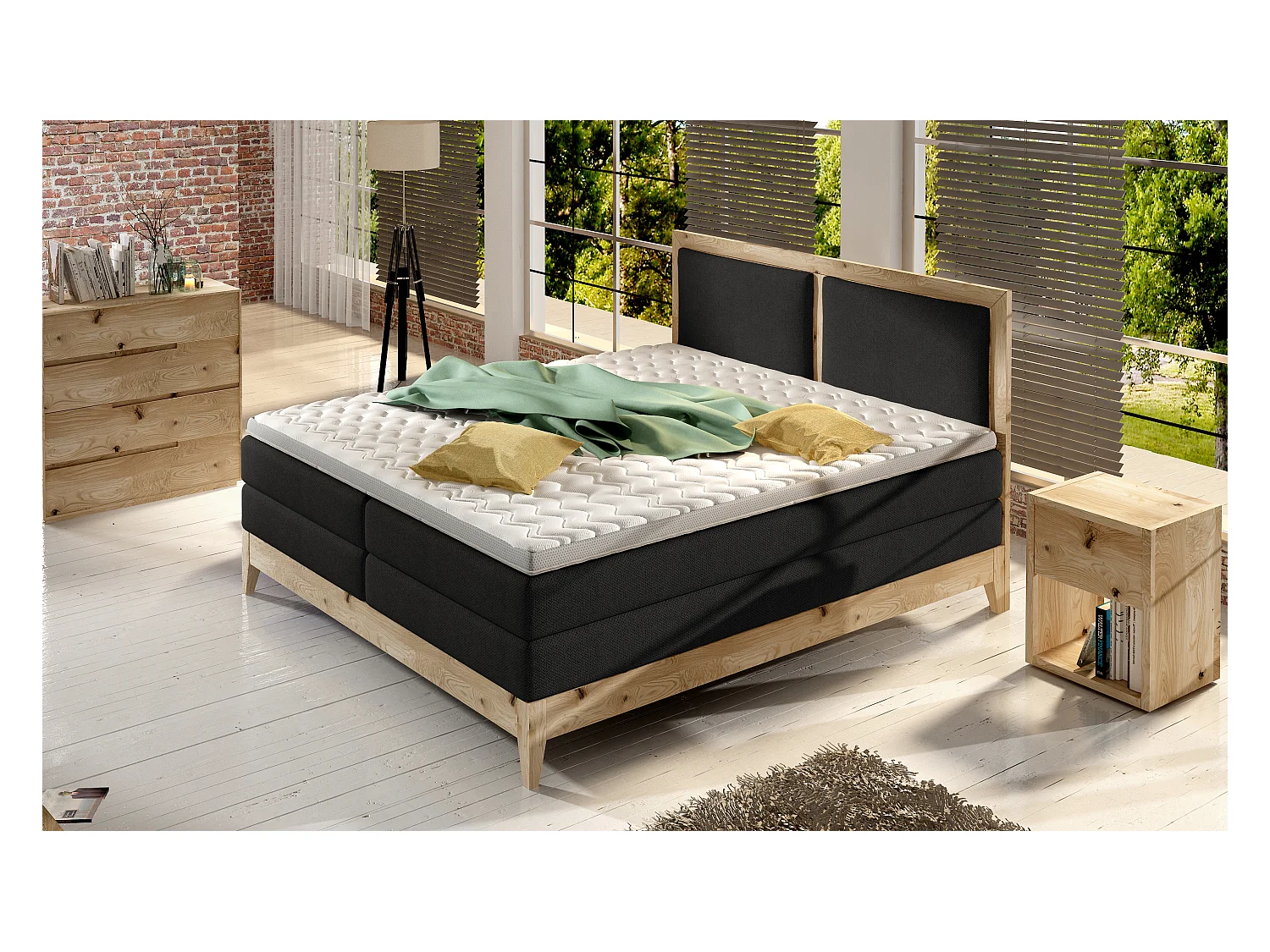 Lit continental BELIZE – chêne massif naturel, 140x200, matelas haut de gamme et surmatelas confort, couleur graphite