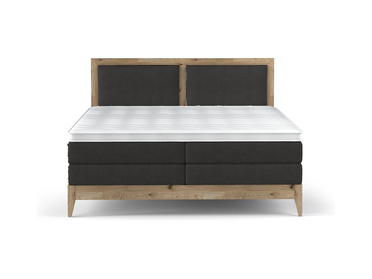 Lit continental BELIZE – chêne massif naturel, 140x200, matelas haut de gamme et surmatelas confort, couleur graphite