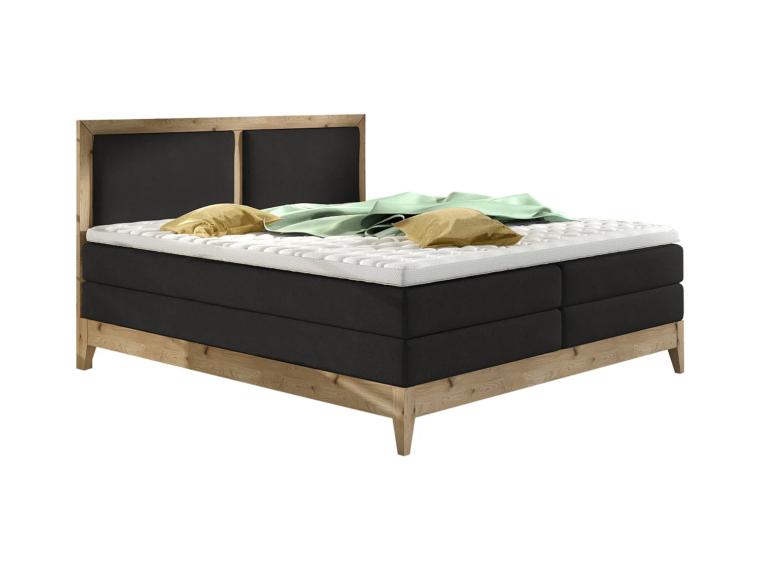 Lit continental BELIZE – chêne massif naturel, 140x200, matelas haut de gamme et surmatelas confort, couleur graphite