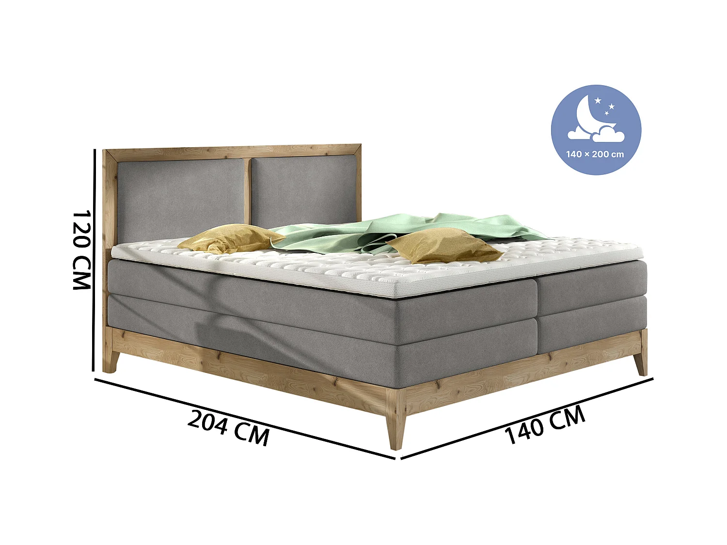Lit continental BELIZE – chêne massif naturel, 140x200, matelas haut de gamme et surmatelas confort, couleur graphite