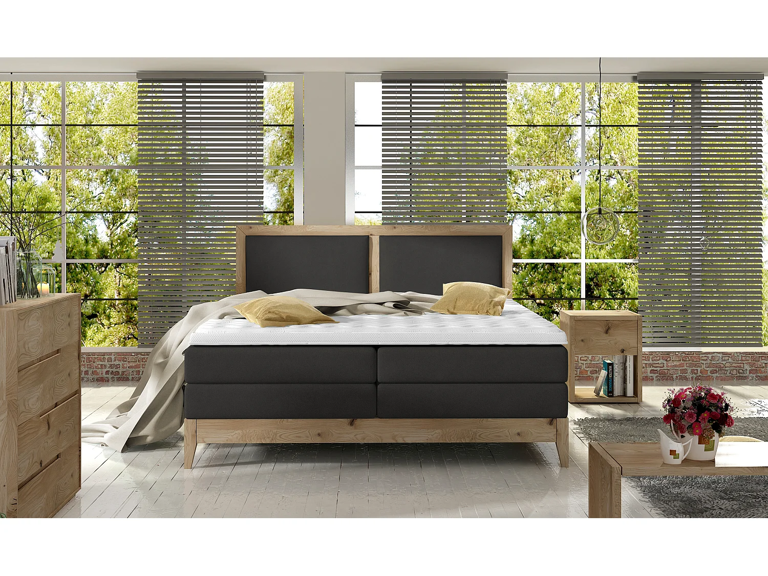 Lit continental BELIZE – chêne massif naturel, 140x200, matelas haut de gamme et surmatelas confort, couleur graphite