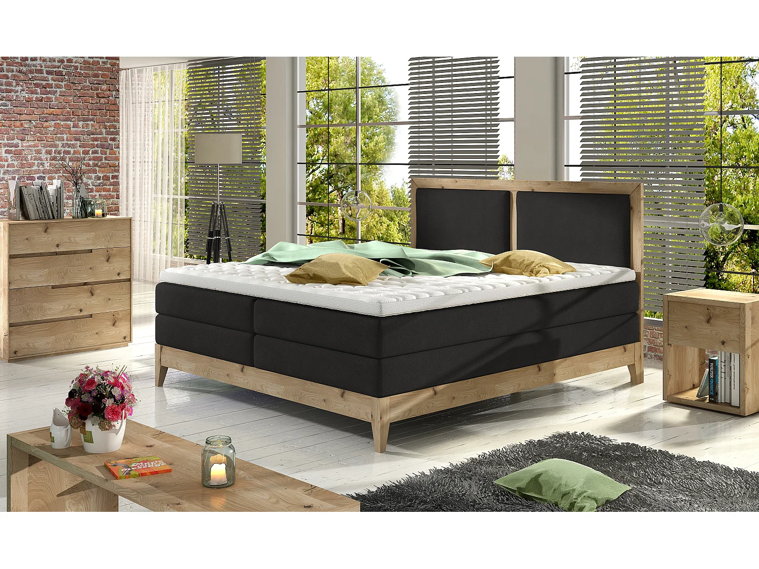 Lit continental BELIZE – chêne massif naturel, 140x200, matelas haut de gamme et surmatelas confort, couleur graphite