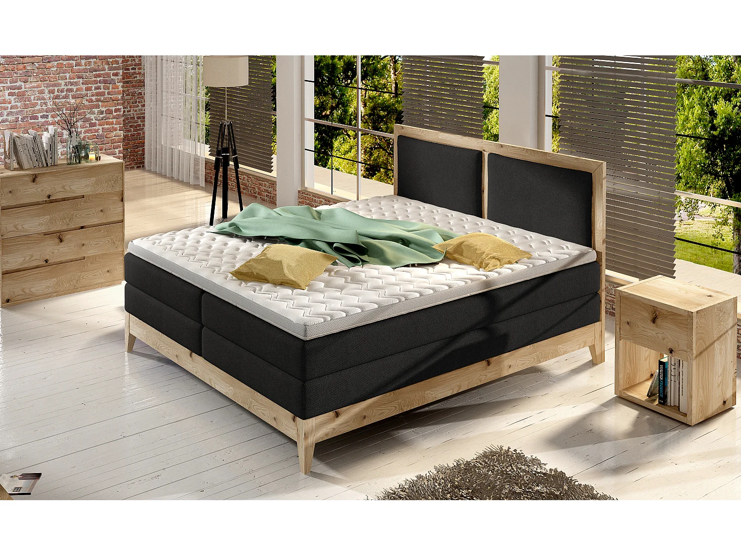 Lit continental BELIZE – chêne massif naturel, 140x200, matelas haut de gamme et surmatelas confort, couleur graphite