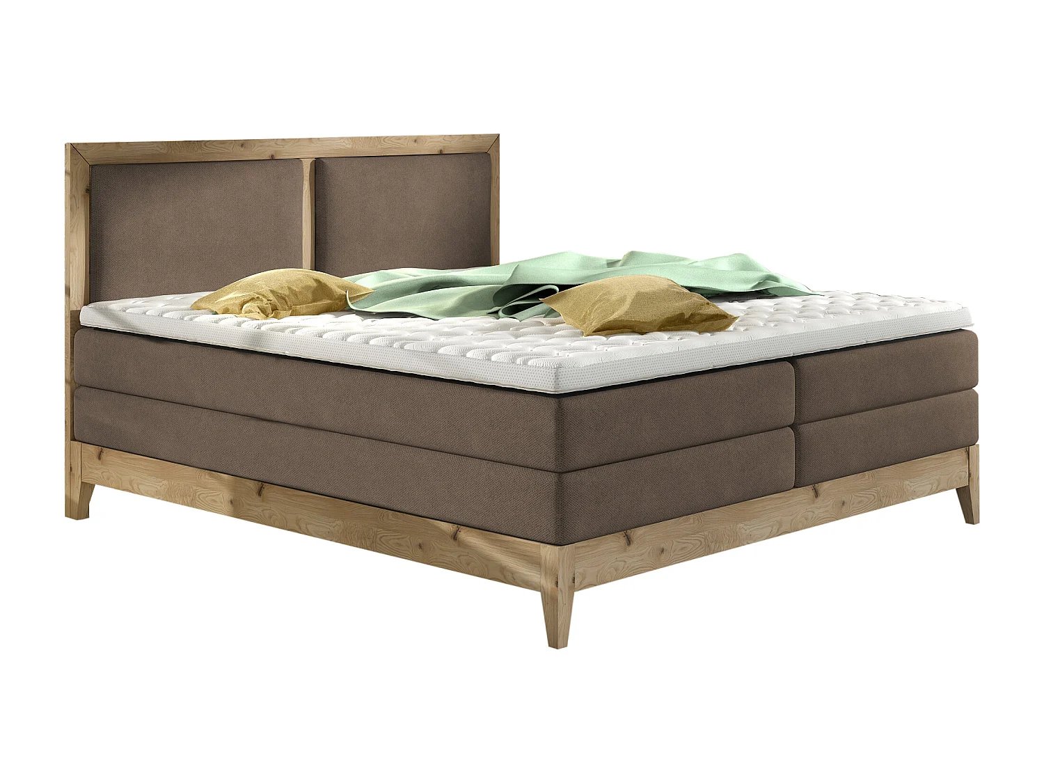 Lit continental BELIZE en chêne massif naturel, 180x200, matelas ergonomique avec surmatelas en mousse froide, déco bois, cappuccino